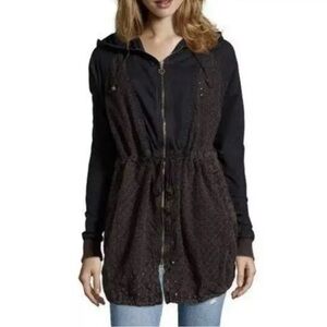 Free People Black Utility Jacket with Hood and Drawstring Waist